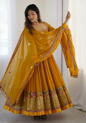 Yellow Embroidery Blended Kurta Set