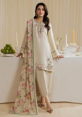 Cream Embroidery Blended Kurta Set