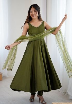 Mehendi Embroidered Cotton Anarkali With Dupatta