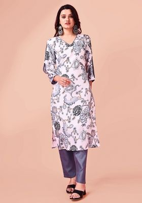 White Printed Cotton Blend Kurta Set