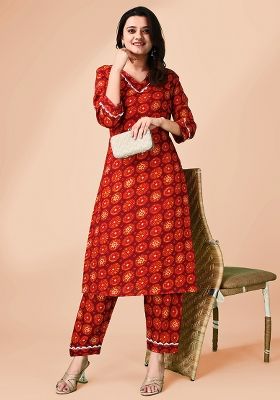 Maroon Printed Detla Silk Kurta Set