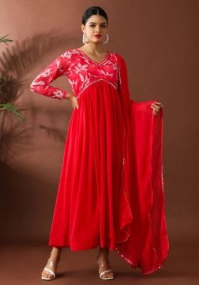 Red Solid Georgette Kurta Set