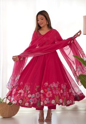 Pink Printed Organza Silk Anarkali With Dupatta