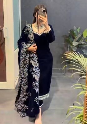 Navy Blue Velvet Viscose Velvet Salwar Suit
