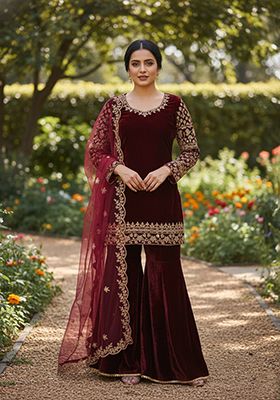 Maroon Velvet Viscose Velvet Salwar Suit