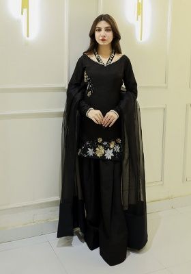 Black Embroidered Silk Kurta Set