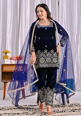 Navy Blue  Embroidery Viscose Velvet Salwar Suit