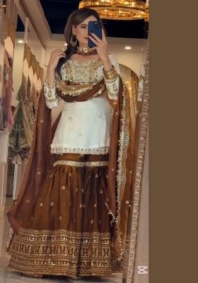 White Embroidery Crep Silk  Salwar Suit