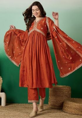 Orange Embroidery Silk Blend Kurta Set