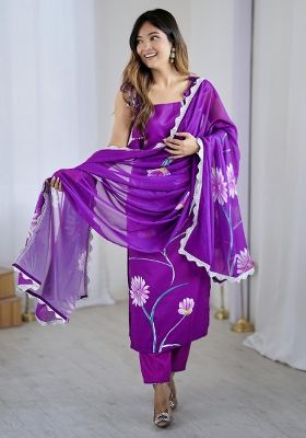 Purple Embroidery Silk Blend Kurta Set