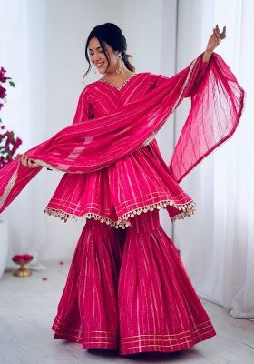 Pink Mirror Work Mal Chanderi Sharara