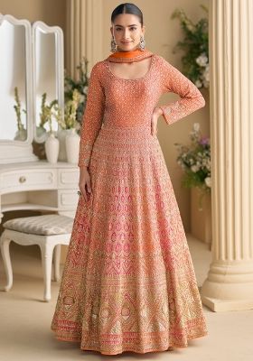 Orange Embroidery Georgette Anarkali Set