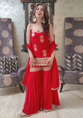 Red Sequence Work Georgette Sharara Dress