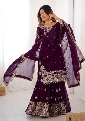 Wine Embroidery Georgette Sharara Dress