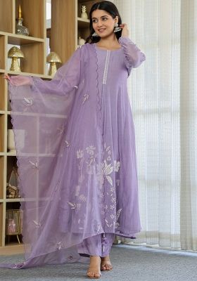 Lavender Thread Work Chanderi Kurta Set