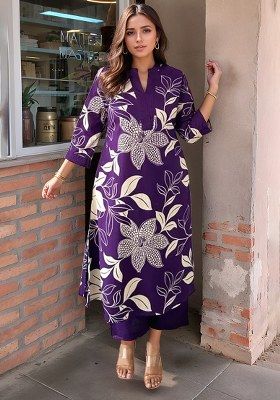 Purple Printed Rayon Kurta Set