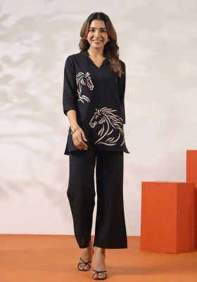 Black Embroidered Rayon Kurta Set