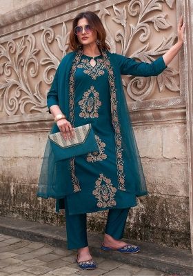 Blue Embroidery Silk Kurta Set