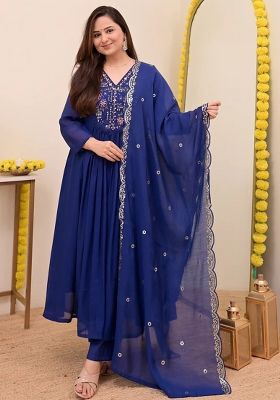 Blue Embroidery Silk Kurta Set