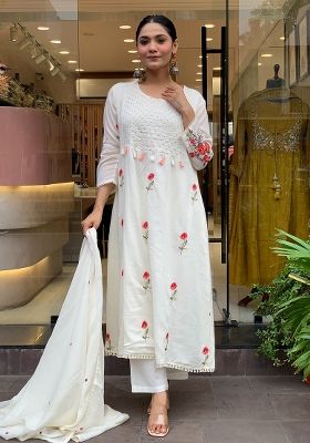 White Embroidery Silk Kurta Set