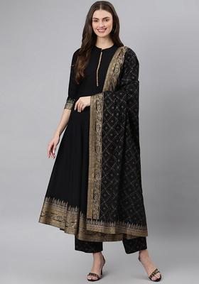 Black Foil Work Rayon Kurta Set