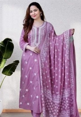 Purple Embroidery Viscose Kurta Set