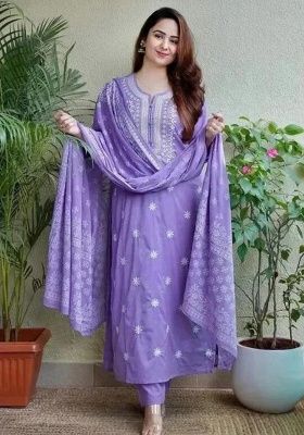 Purple Embroidery Viscose Kurta Set
