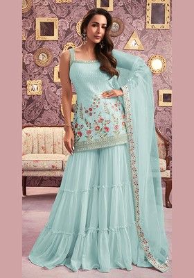 Sky Blue Zari Sequin Embroidered Georgette Kurta Set