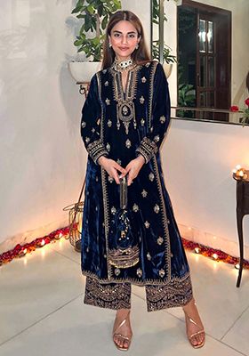 Blue Embroidered Velvet Kurta Set
