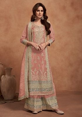 Peach Embroidered Silk Kurta Set