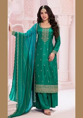 Green Embroidered Silk Kurta Set