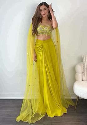 Yellow Thread Embroidered Chinon Silk Jacket Set