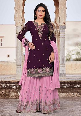 Purple Sequin Thread Embroidered Georgette Sharara Set