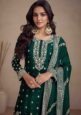 Green Embroidered Silk Kurta Set