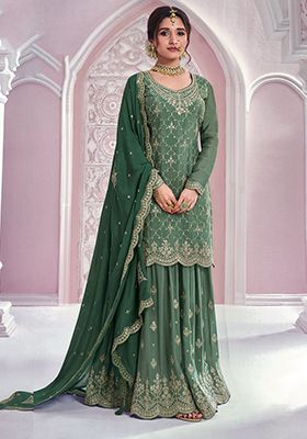 Green Sequin Embroidered Chinon Sharara Set