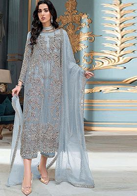 Sky Blue Embroidered Orgenza Kurta Set