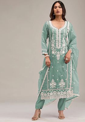 Green Embroidered Cotton Salwar Kameez