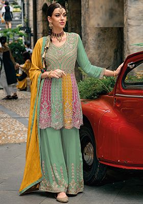 Green Embroidered Chinnon Salwar Kameez