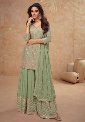 Olive Green Embroidered Silk Palazzo Set