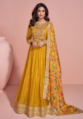 Yellow Embroidered Chinnon Anarkali With Dupatta