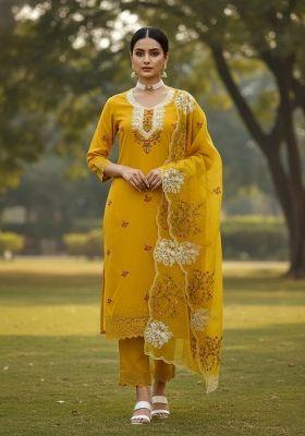 Mustard Embroidered Cotton Blend Dress Material