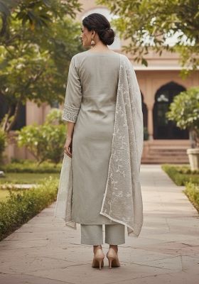 Light Grey Embroidered Viscose Dress Material