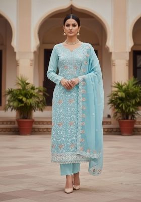 Sky Blue Embroidered Georgette Dress Material