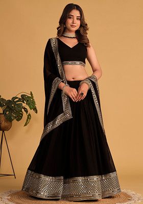Black Sequin Thread Embroidered Georgette Lehenga Set
