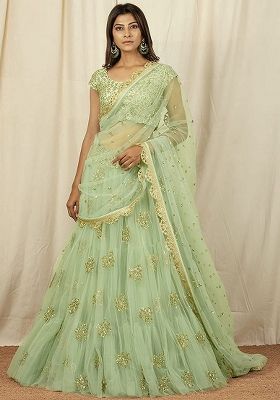Mint Green Embroidered Net Lehenga Set