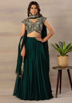 Green Sequins Embroidered Georgette Lehenga Set