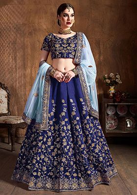 Blue Sequin Embroidered Raw Silk Lehenga Set