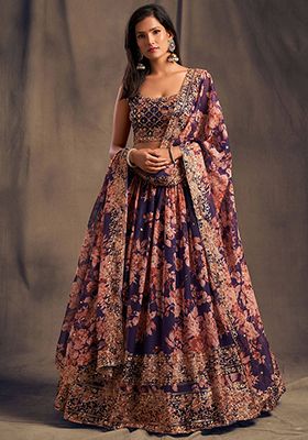 Purple Floral Print Organza Lehenga Set