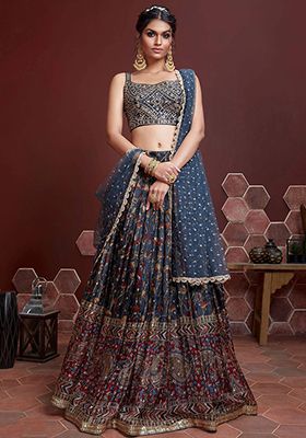 Blue Digital Print Chinon Lehenga Set