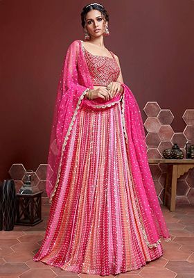 Pink Embroidered Chinon Lehenga Set